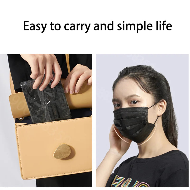 10–500 Pcs Black Disposable Face Masks – 3-Ply Anti-Dust Masks for Adults, Individually Wrapped, Breathable & Comfortable