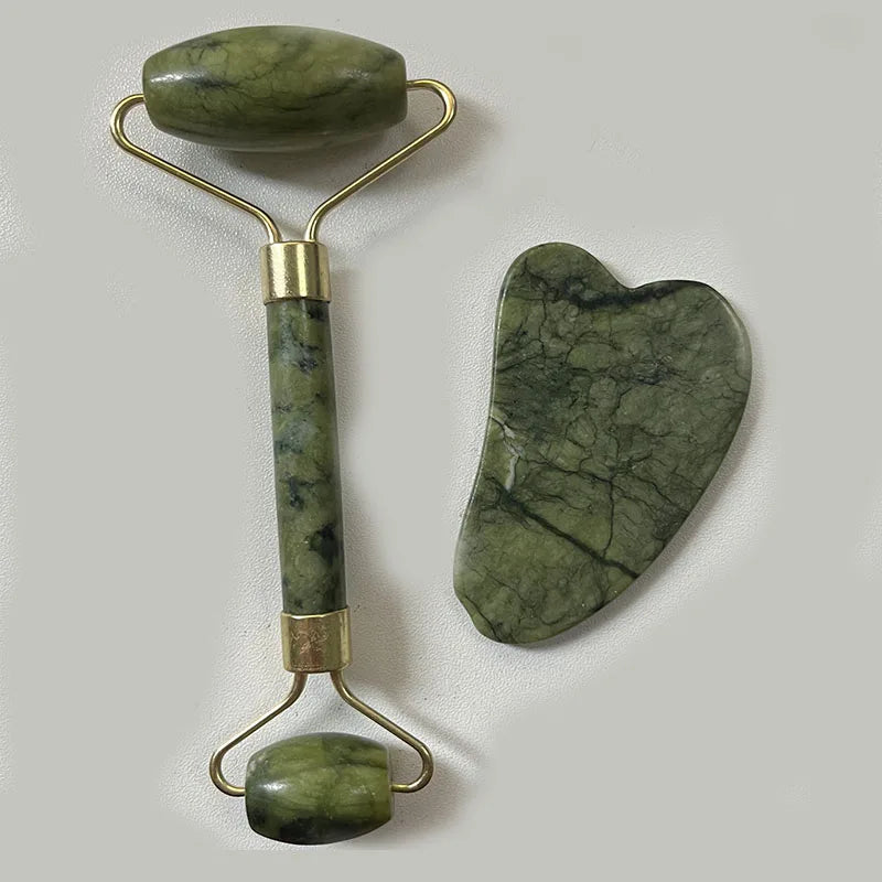 2PCS Gua Sha Facial Stone & Roller Set – Natural Stone Face Massager Tools for Skin Lifting, Toning & Relaxation (Model: LBHL07)