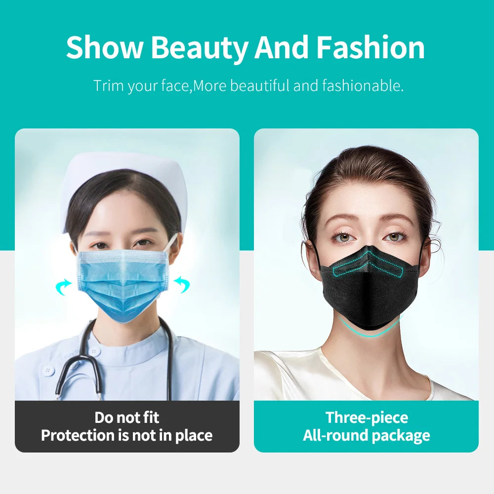 10-100 PCS FFP2 Face Masks – CE Approved, Disposable KN95/KF94 Black Fish-Style Masks