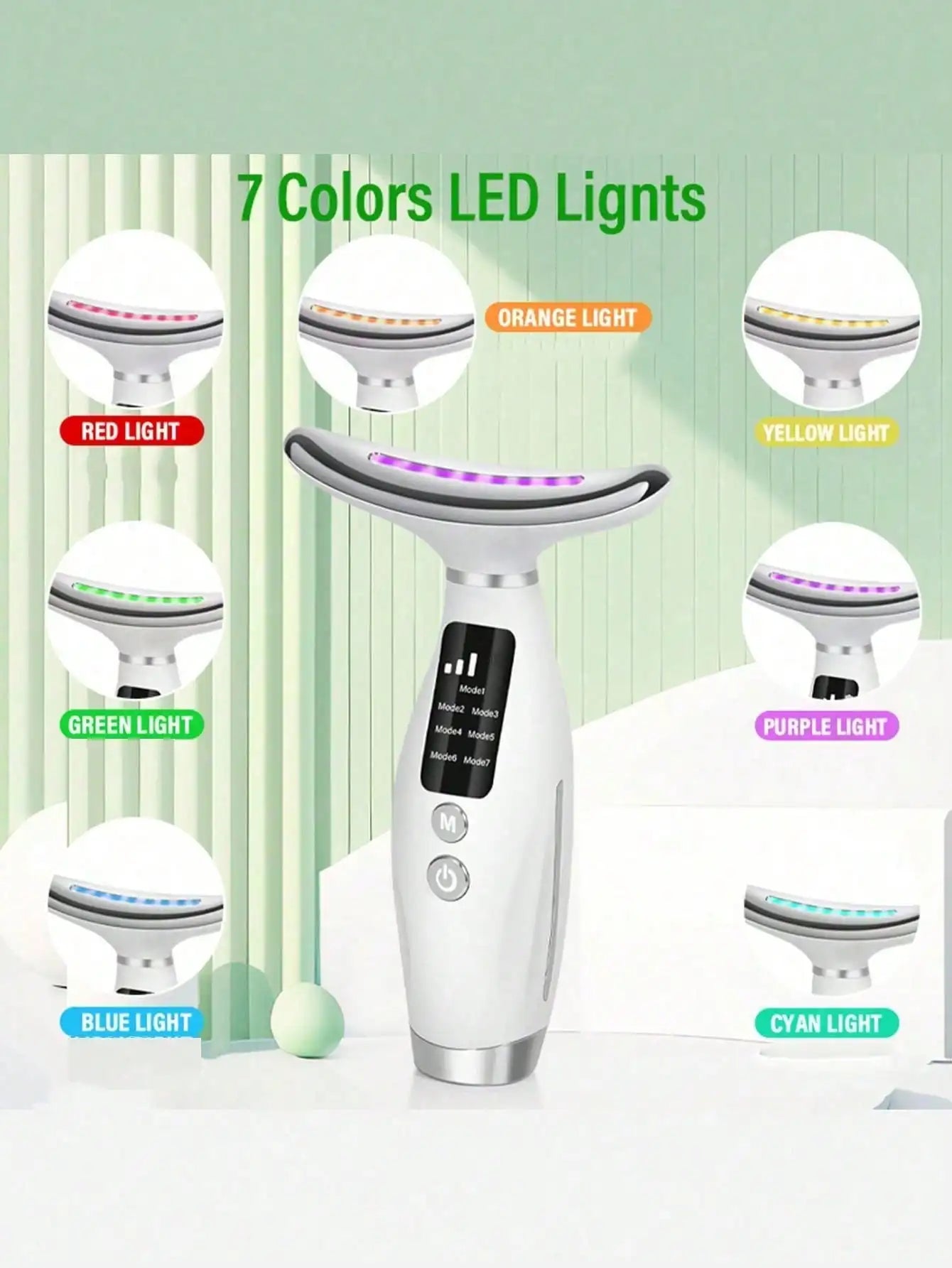7-Color LED Light Therapy Face & Neck Beauty Device – 7 Modes, 7 Speed Settings, Ergonomic Curved Handle