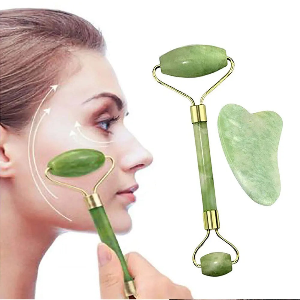 2PCS Gua Sha Facial Stone & Roller Set – Natural Stone Face Massager Tools for Skin Lifting, Toning & Relaxation (Model: LBHL07)