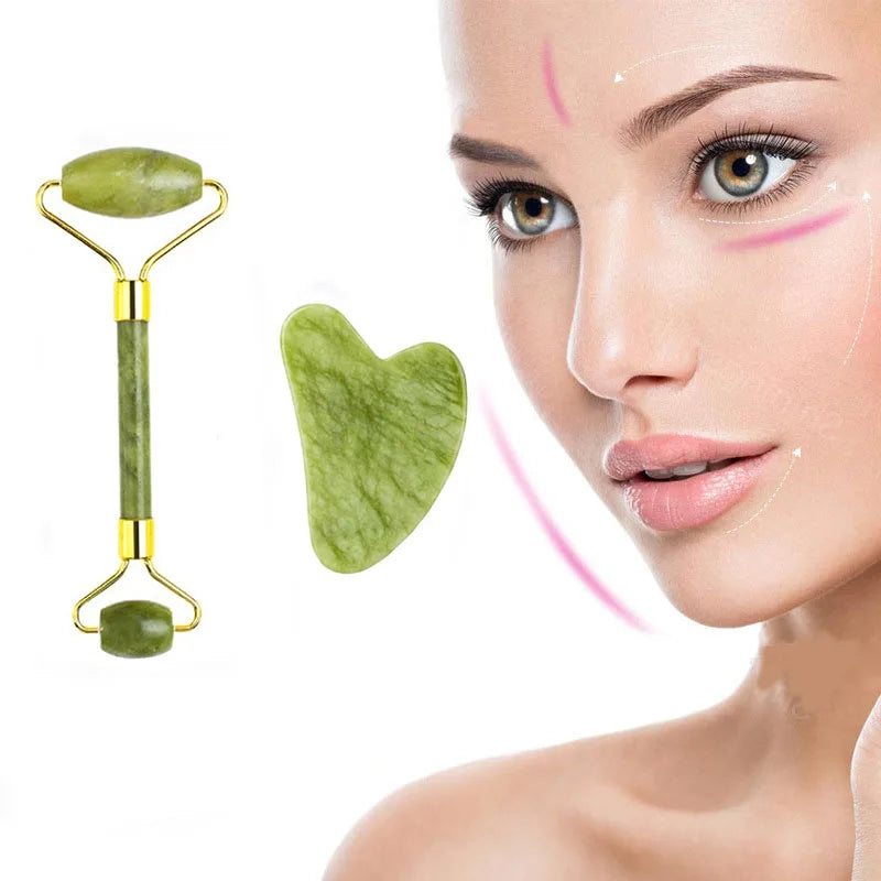 2PCS Gua Sha Facial Stone & Roller Set – Natural Stone Face Massager Tools for Skin Lifting, Toning & Relaxation (Model: LBHL07)
