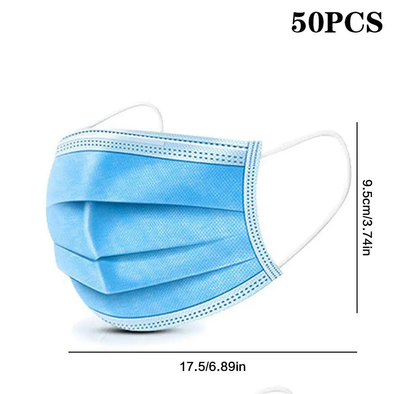 50PCS Disposable Face Masks – 3-Layer Non-Woven Breathable Masks with Soft Ear Loops | Black, Blue, White, Pink Color Options