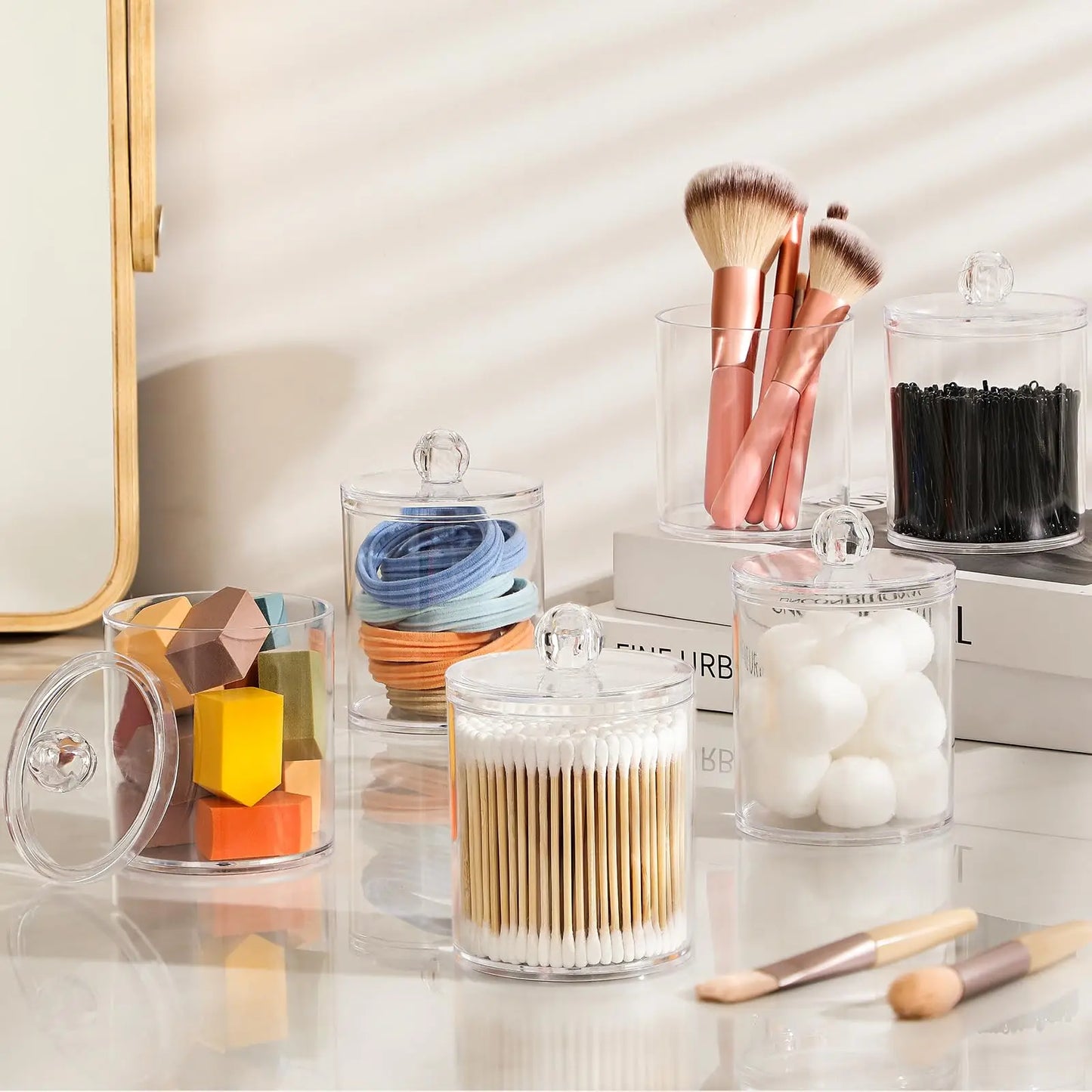 4 Pack Clear Acrylic Qtip Holder Dispenser – Cotton Swab, Ball, Pad & Floss Pick Storage Containers for Bathroom & Vanity Organizer