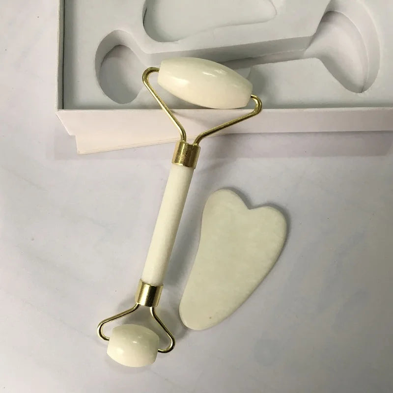 2PCS Gua Sha Facial Stone & Roller Set – Natural Stone Face Massager Tools for Skin Lifting, Toning & Relaxation (Model: LBHL07)
