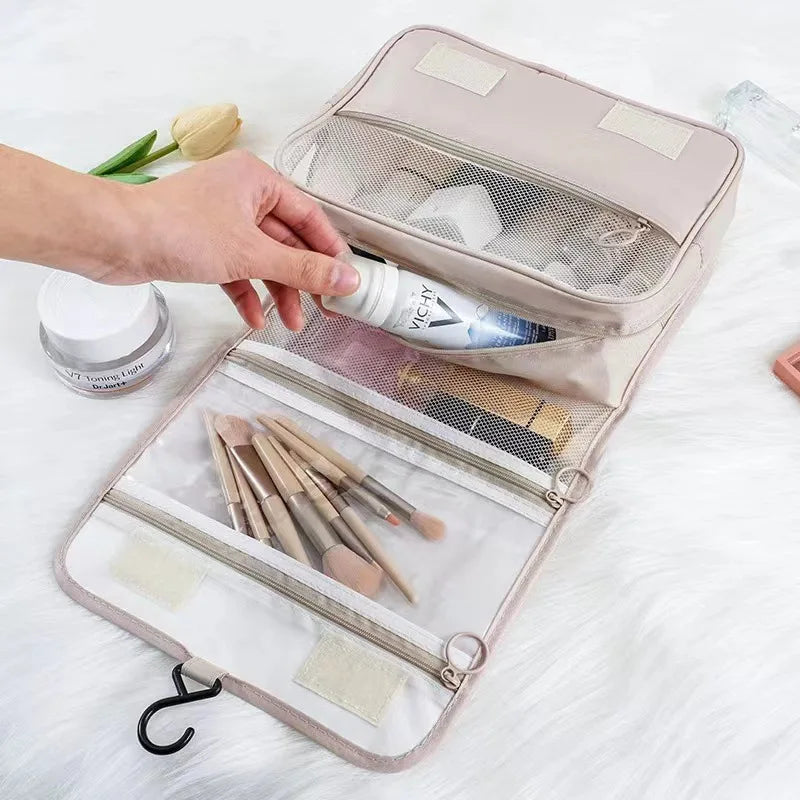 Waterproof Travel Makeup Bag – High-Quality Cosmetic & Toiletry Organizer with Hook for Women