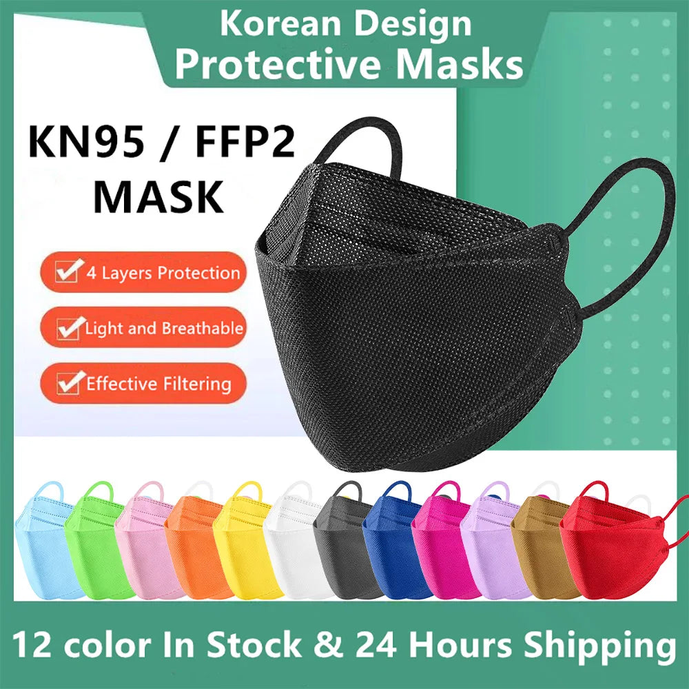10-100 PCS FFP2 Face Masks – CE Approved, Disposable KN95/KF94 Black Fish-Style Masks