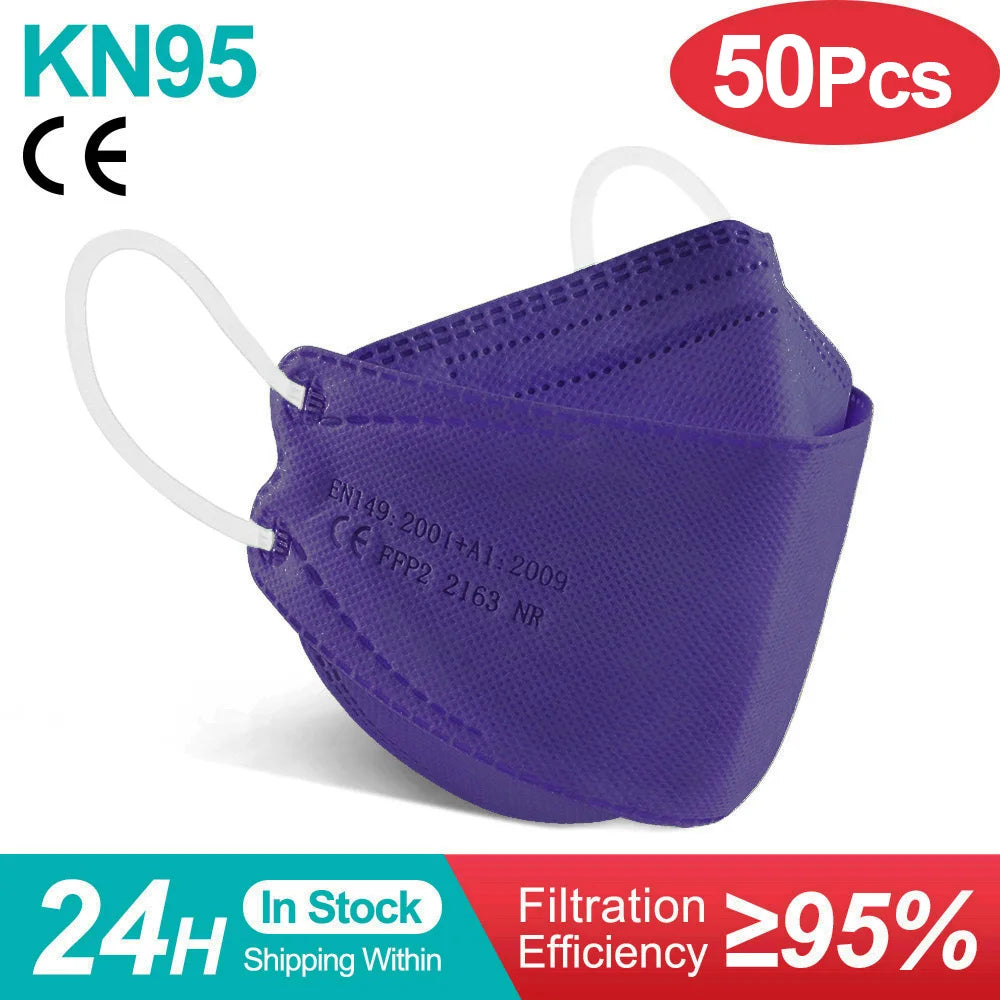 10-100 PCS FFP2 Face Masks – CE Approved, Disposable KN95/KF94 Black Fish-Style Masks