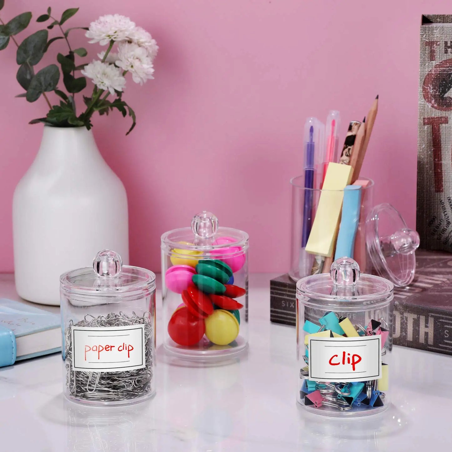 4 Pack Clear Acrylic Qtip Holder Dispenser – Cotton Swab, Ball, Pad & Floss Pick Storage Containers for Bathroom & Vanity Organizer