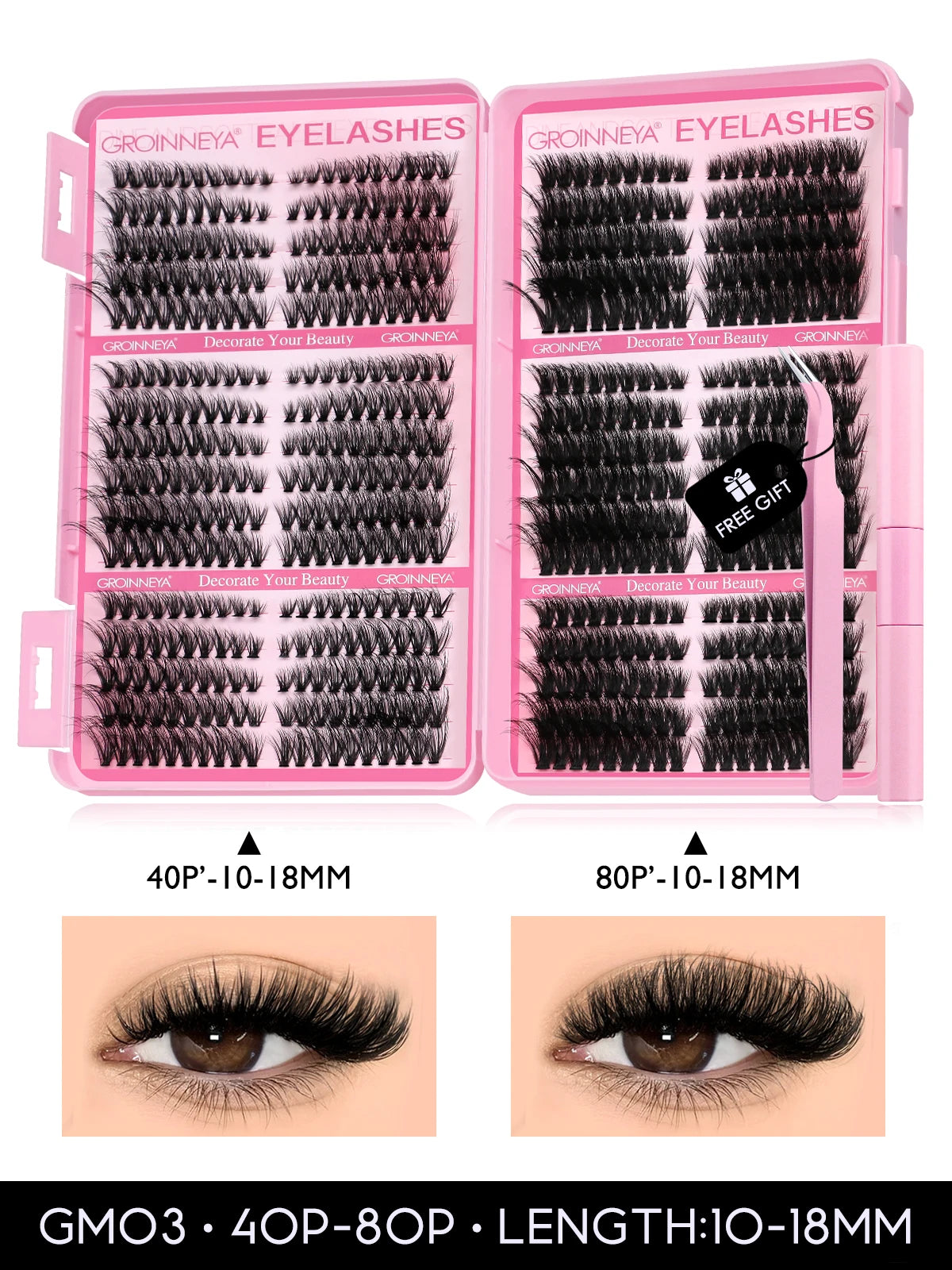 GROINNEYA DIY Lash Clusters Kit – 640PCS Cat-Eye Individual Eyelash Extensions with Bond & Seal for At-Home Lash Application