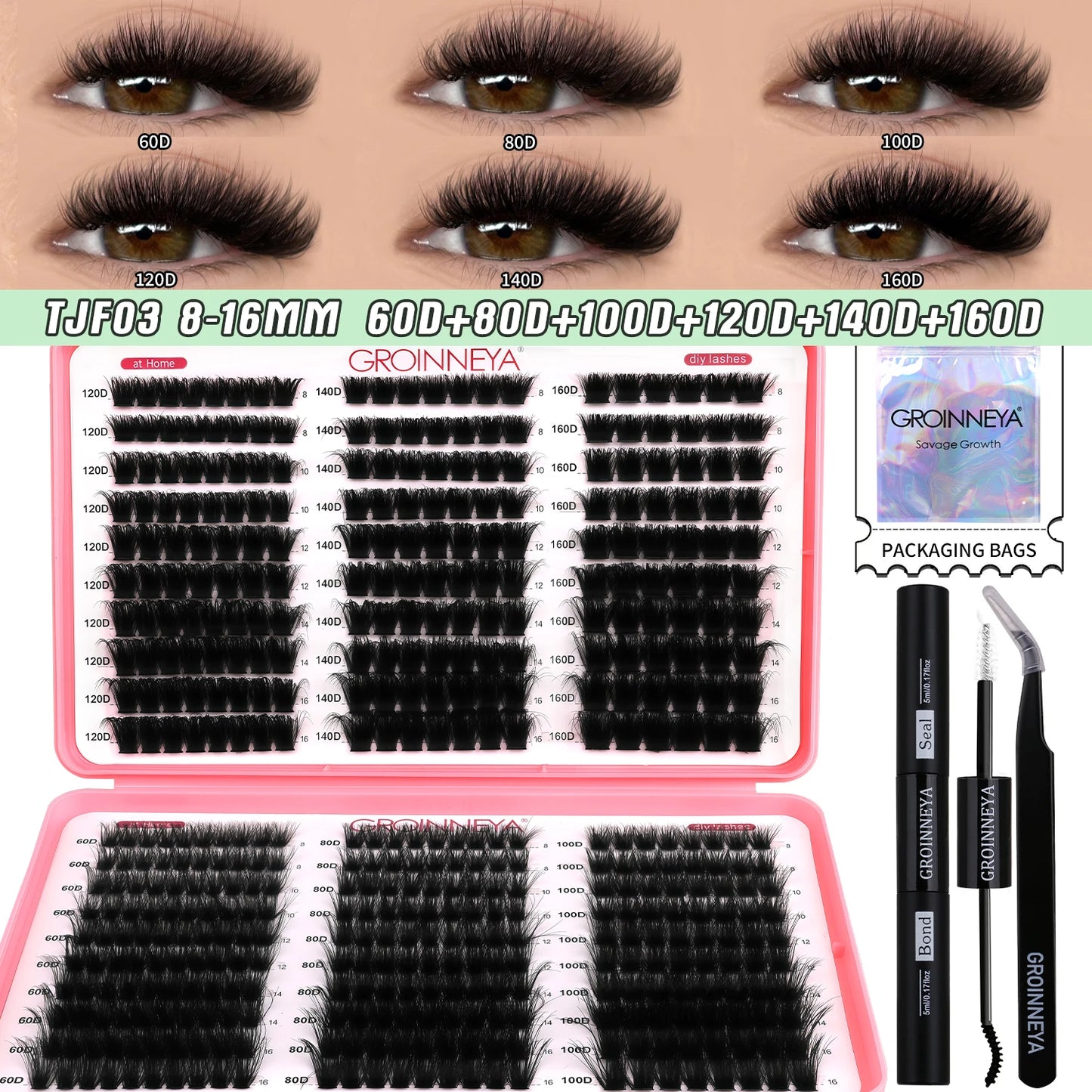 GROINNEYA DIY Lash Clusters Kit – Mixed Length Individual Eyelash Extensions with Bond & Seal, Tweezers Tool for At-Home Lash Application