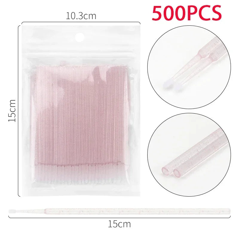 500/1000PCS Eyelash Cleaning Brushes – Colorful Crystal Handle Micro Brushes for Lash Extension Care, Makeup Removal, and Beauty Tools