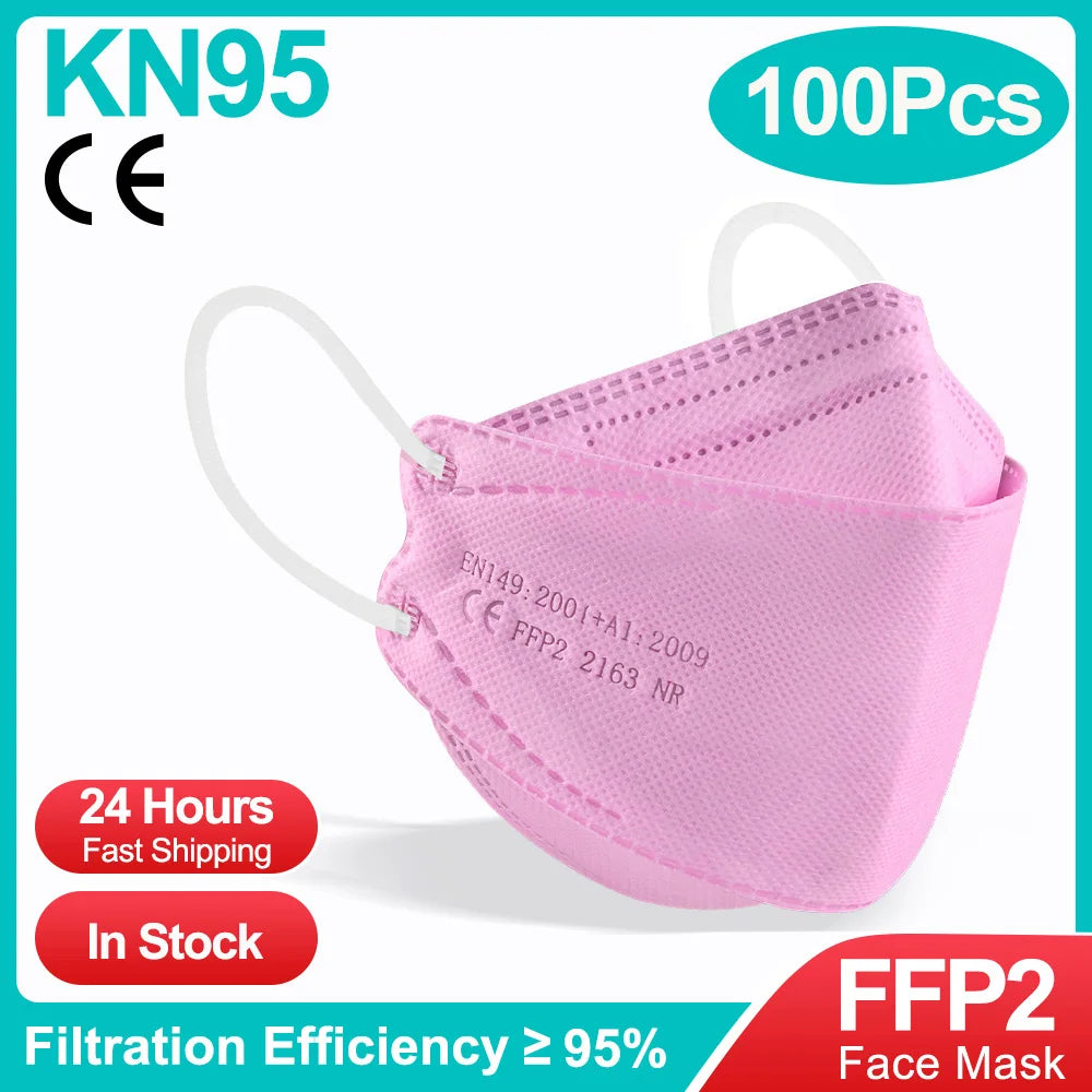 10-100 PCS FFP2 Face Masks – CE Approved, Disposable KN95/KF94 Black Fish-Style Masks