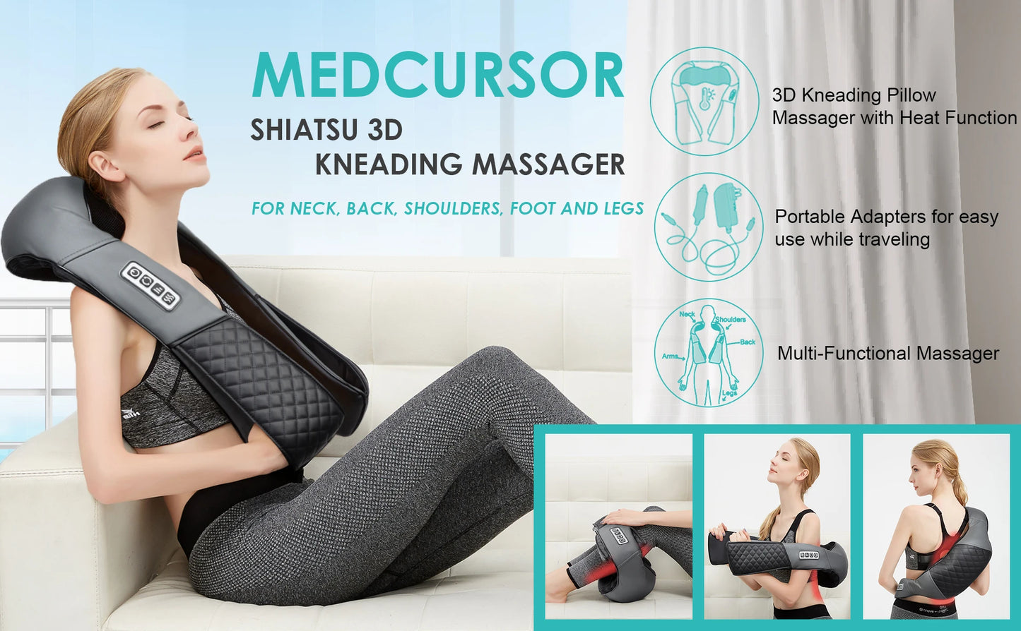 Medcursor Electric Neck and Back Massager – Kneading Massage Pillow with Heat for Neck, Shoulders, and Cervical Pain Relief