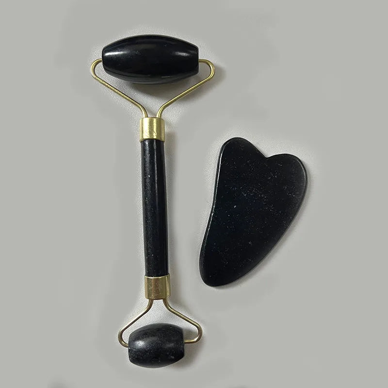 2PCS Gua Sha Facial Stone & Roller Set – Natural Stone Face Massager Tools for Skin Lifting, Toning & Relaxation (Model: LBHL07)