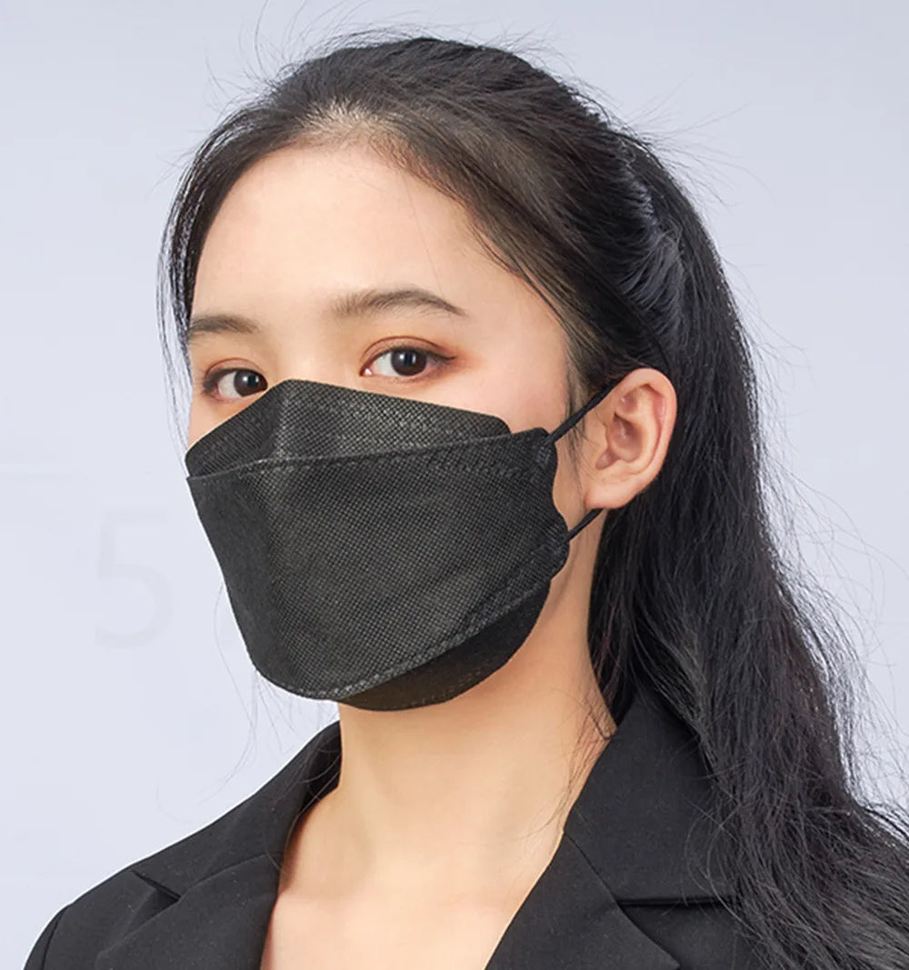 10-100 PCS FFP2 Face Masks – CE Approved, Disposable KN95/KF94 Black Fish-Style Masks