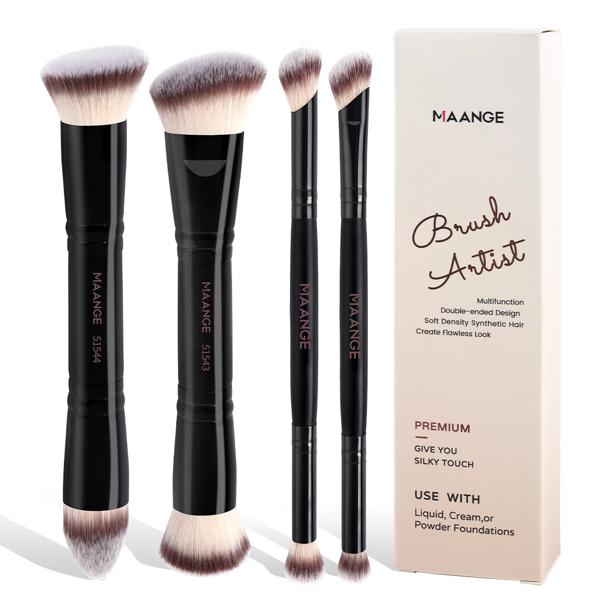 MAANGE 4-Piece Makeup Brush Set with Case – Dual-Ended Foundation, Powder & Eyeshadow Brushes