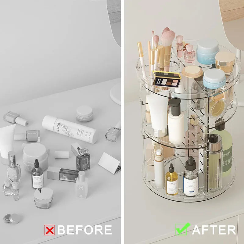 360° Rotating Makeup Organizer – Cosmetic Display Carousel with Brush Holder & Perfume Tray for Vanity, Dresser & Bathroom Countertop