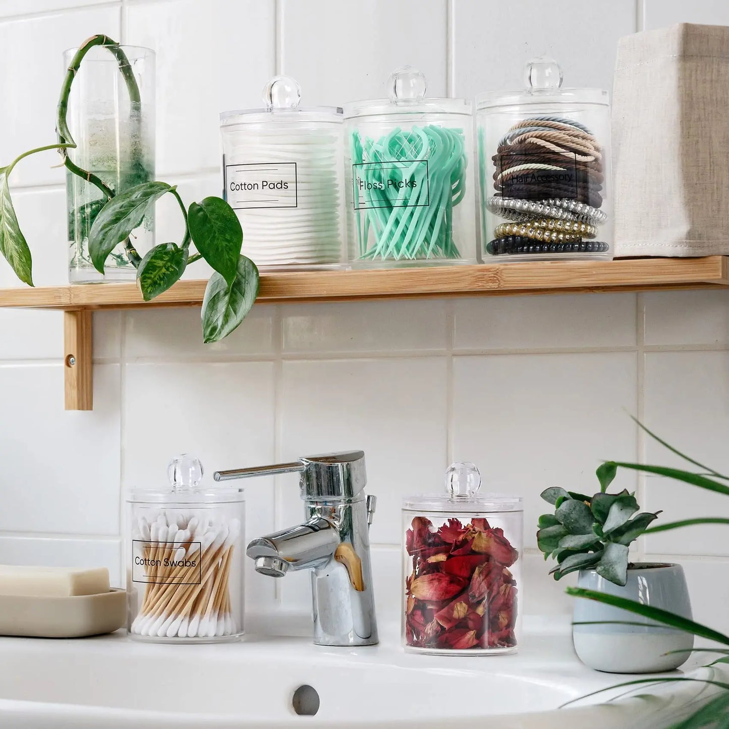 4 Pack Clear Acrylic Qtip Holder Dispenser – Cotton Swab, Ball, Pad & Floss Pick Storage Containers for Bathroom & Vanity Organizer