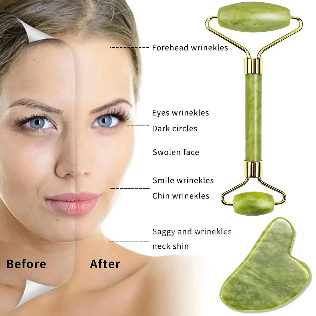 2PCS Gua Sha Facial Stone & Roller Set – Natural Stone Face Massager Tools for Skin Lifting, Toning & Relaxation (Model: LBHL07)