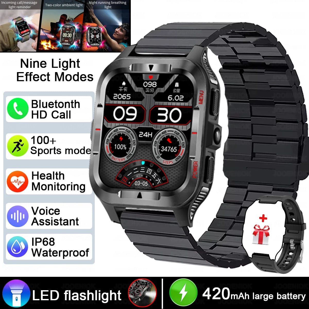 Men’s GPS Sports Smart Watch | Bluetooth Call | 480mAh Long Battery | LED Flashlight | 100+ Sport Modes | Life Waterproof