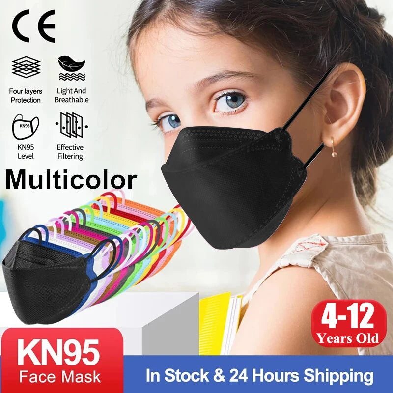 10–200 PCS Kids KN95 Face Masks – 4-Layer FFP2 Protective Masks for Children Ages 6–14, Dustproof & Comfortable, for Boys & Girls