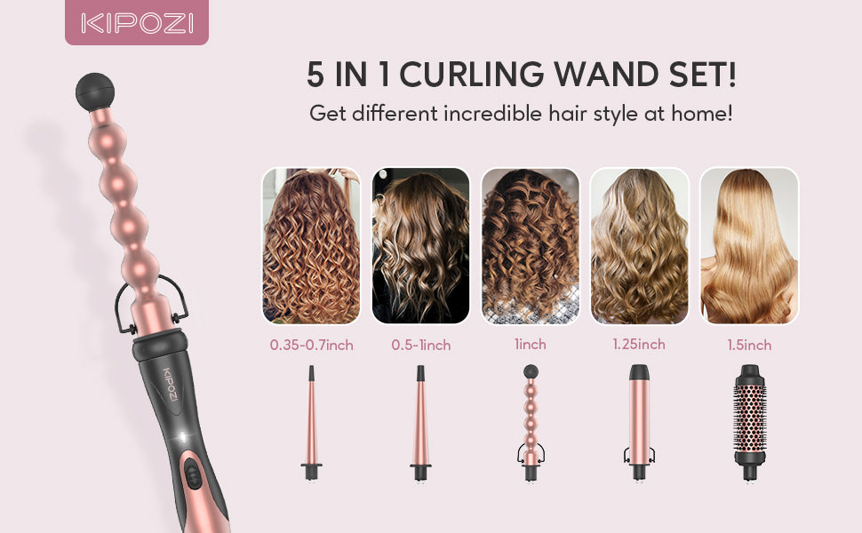KIPOZI 5-in-1 Curling Iron Set Ceramic Hair Styler Hot Air Brush Dual Voltage