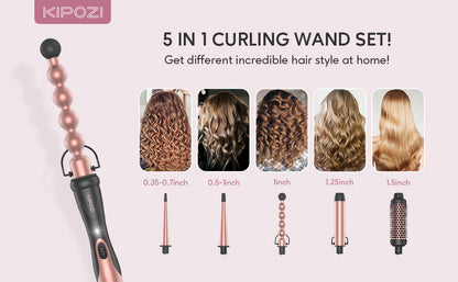 KIPOZI 5-in-1 Curling Iron Set Ceramic Hair Styler Hot Air Brush Dual Voltage