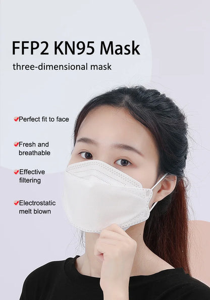 KN95 Fish-Style Face Masks FFP2 Respirator – 4-Layer Protective Mask for Adults, Breathable Mouth Cover, CE Certified