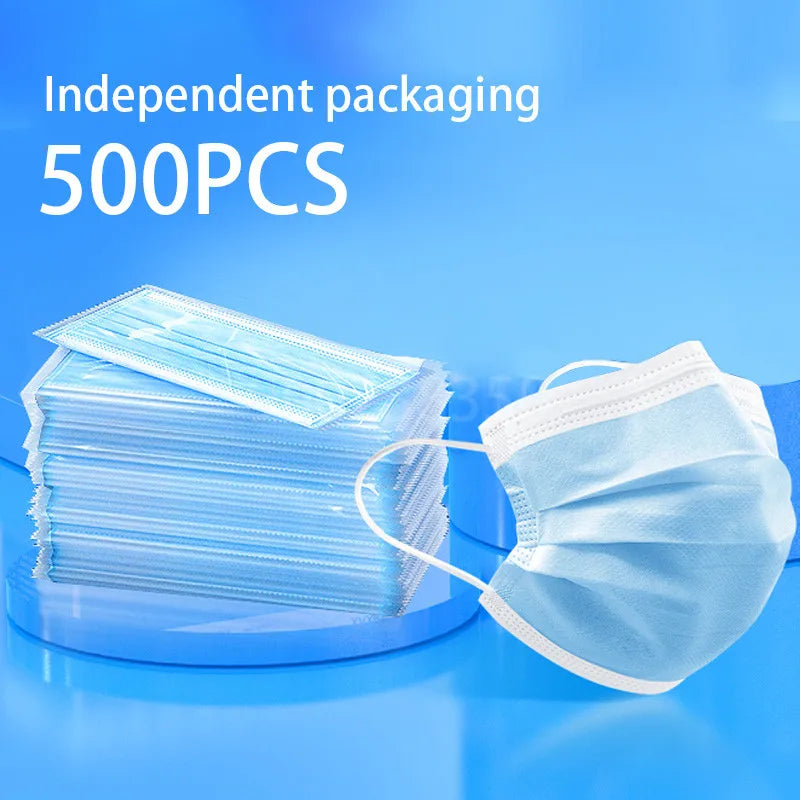 10–500 Pcs Disposable Blue Face Masks – 3-Layer Breathable Protective Masks for Adults with Melt-Blown Filter, Individually Packaged