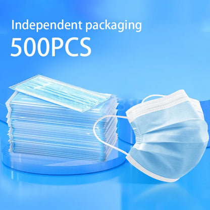 10–500 Pcs Disposable Blue Face Masks – 3-Layer Breathable Protective Masks for Adults with Melt-Blown Filter, Individually Packaged