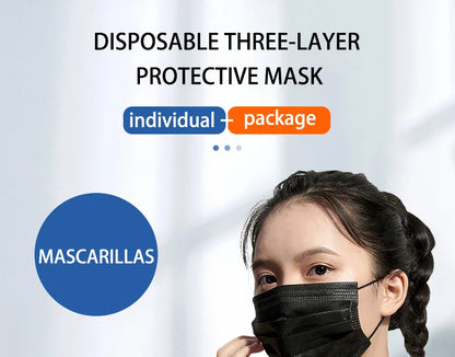 10–500 Pcs Black Disposable Face Masks – 3-Ply Anti-Dust Masks for Adults, Individually Wrapped, Breathable & Comfortable
