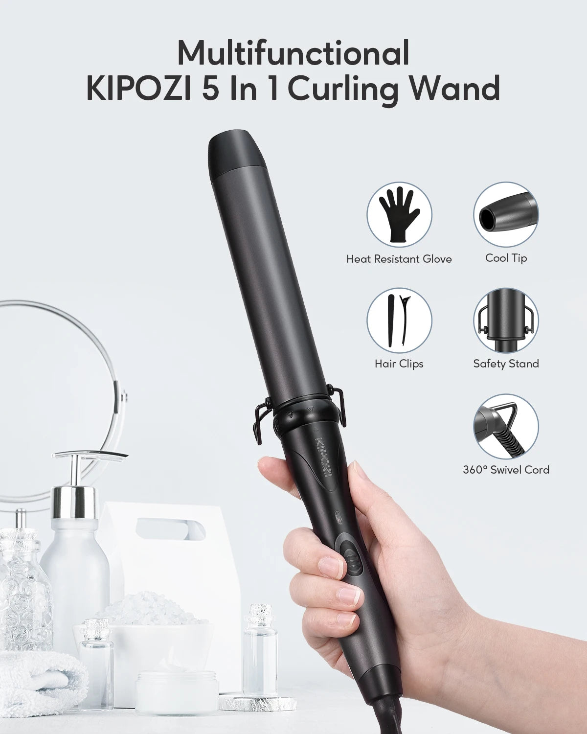 KIPOZI 5-in-1 Curling Iron Set Ceramic Hair Styler Hot Air Brush Dual Voltage