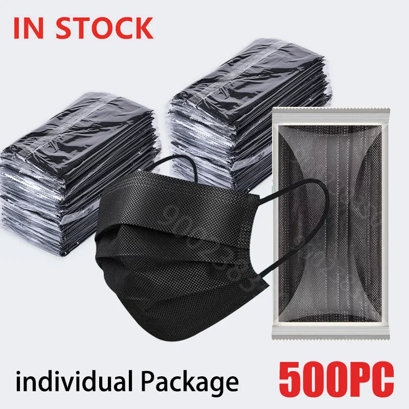 10–500 Pcs Black Disposable Face Masks – 3-Ply Anti-Dust Masks for Adults, Individually Wrapped, Breathable & Comfortable