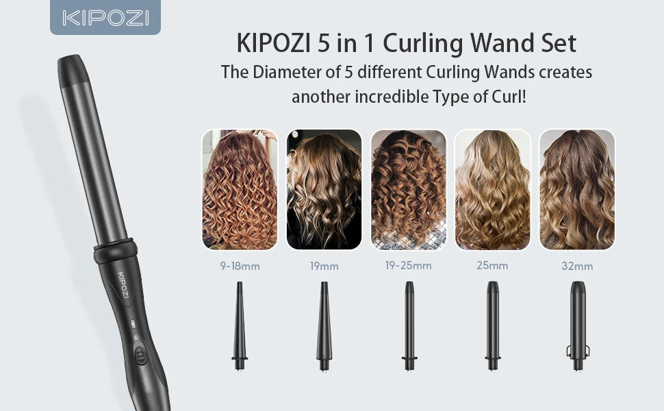 KIPOZI 5-in-1 Curling Iron Set Ceramic Hair Styler Hot Air Brush Dual Voltage