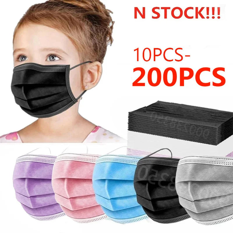 10–200PCS Kids Disposable Face Masks – 3-Ply Non-Woven Breathable Child Masks with Ear Loops, Anti-Dust Protective Mascarillas