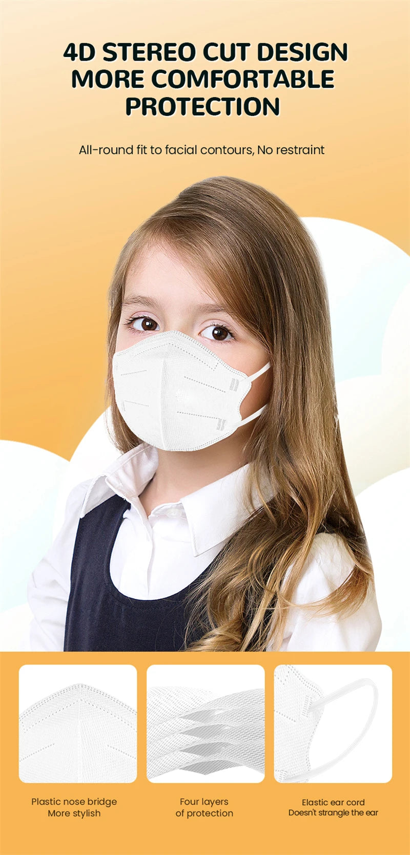 Kids 3D Face Masks 10 Pack Disposable 5-Layer Child Size Soft Ear Loops
