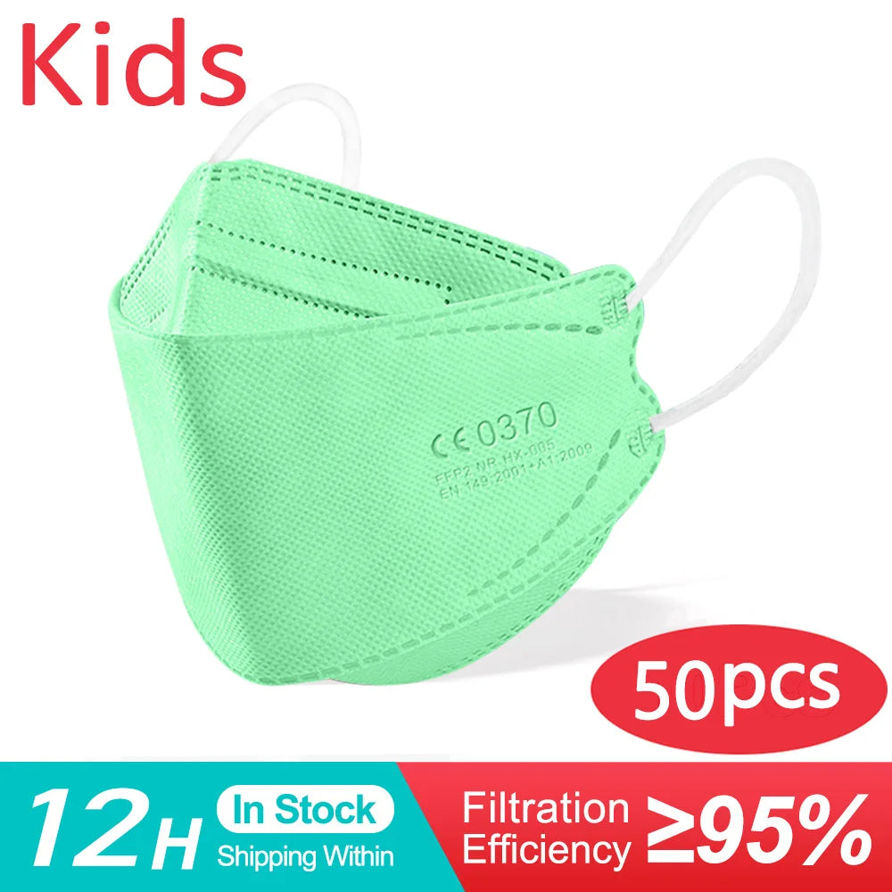 10–200PCS Kids FFP2/KN95 Face Masks – 4-Layer Disposable Protective Masks with Elastic Ear Loops | CE Certified Mascarillas Niños