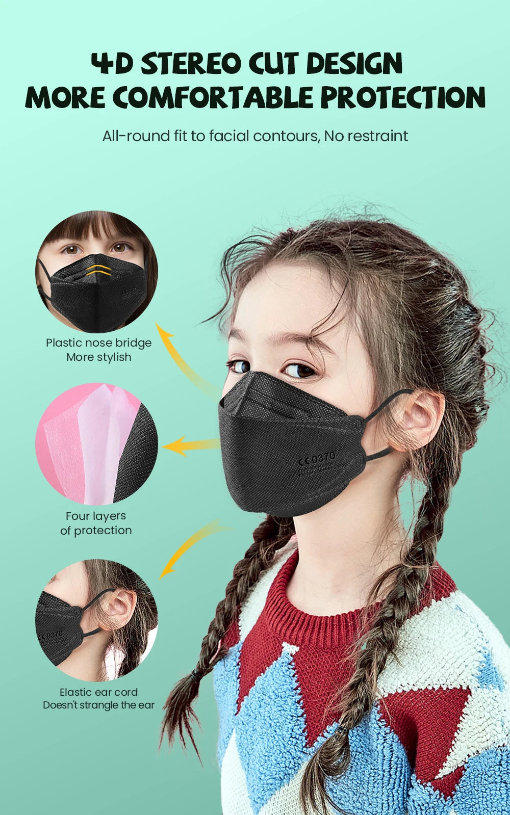 10–200PCS Kids FFP2/KN95 Face Masks – 4-Layer Disposable Protective Masks with Elastic Ear Loops | CE Certified Mascarillas Niños