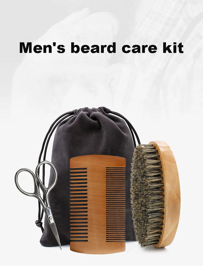 Boar Bristle Beard Brush & Mustache Comb Set Wood Handle Grooming Kit with Bag