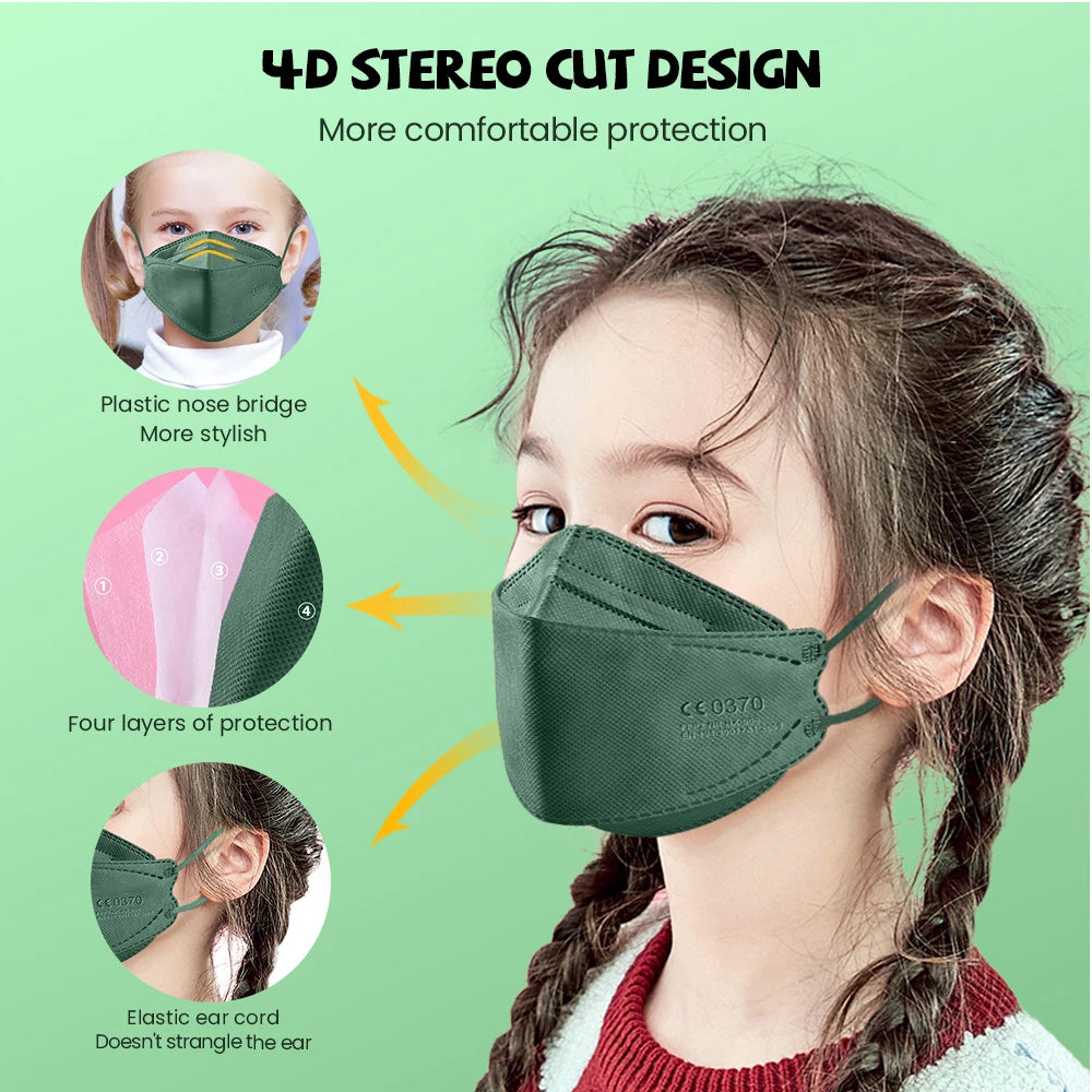 10–200PCS Kids FFP2/KN95 Face Masks – 4-Layer Disposable Protective Masks with Elastic Ear Loops | CE Certified Mascarillas Niños