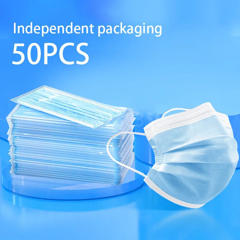 10–500 Pcs Disposable Blue Face Masks – 3-Layer Breathable Protective Masks for Adults with Melt-Blown Filter, Individually Packaged