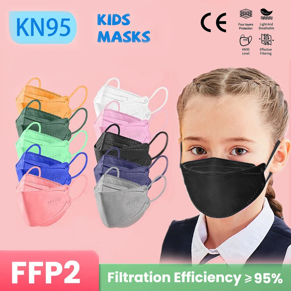 10–200PCS Kids FFP2/KN95 Face Masks – 4-Layer Disposable Protective Masks with Elastic Ear Loops | CE Certified Mascarillas Niños