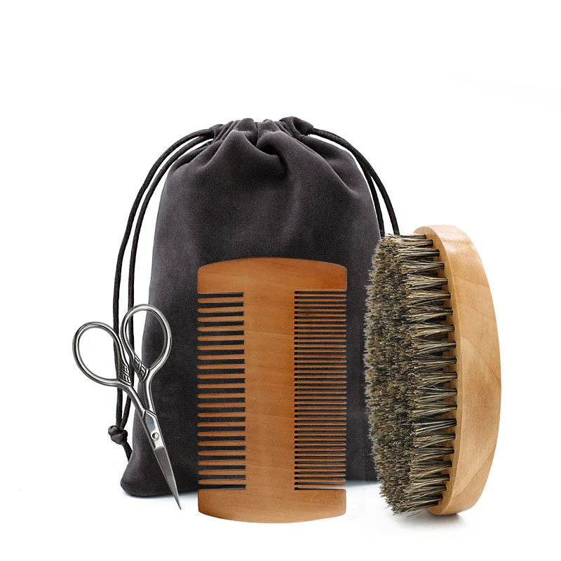 Boar Bristle Beard Brush & Mustache Comb Set Wood Handle Grooming Kit with Bag