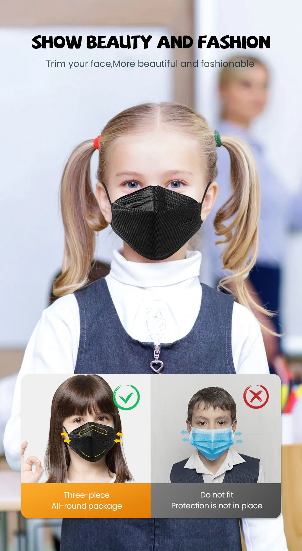 10–200PCS Kids FFP2/KN95 Face Masks – 4-Layer Disposable Protective Masks with Elastic Ear Loops | CE Certified Mascarillas Niños