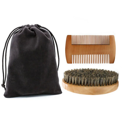 Boar Bristle Beard Brush & Mustache Comb Set Wood Handle Grooming Kit with Bag