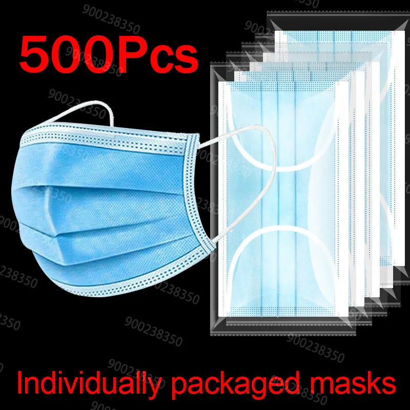 10–500 Pcs Disposable Blue Face Masks – 3-Layer Breathable Protective Masks for Adults with Melt-Blown Filter, Individually Packaged