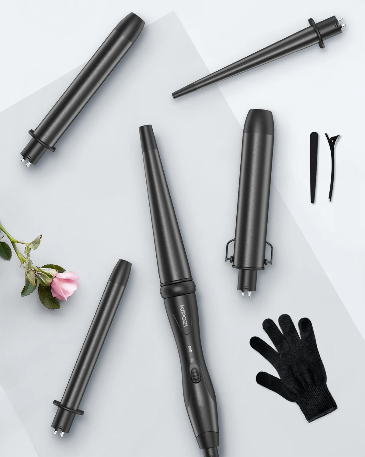 KIPOZI 5-in-1 Curling Iron Set Ceramic Hair Styler Hot Air Brush Dual Voltage
