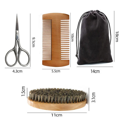 Boar Bristle Beard Brush & Mustache Comb Set Wood Handle Grooming Kit with Bag