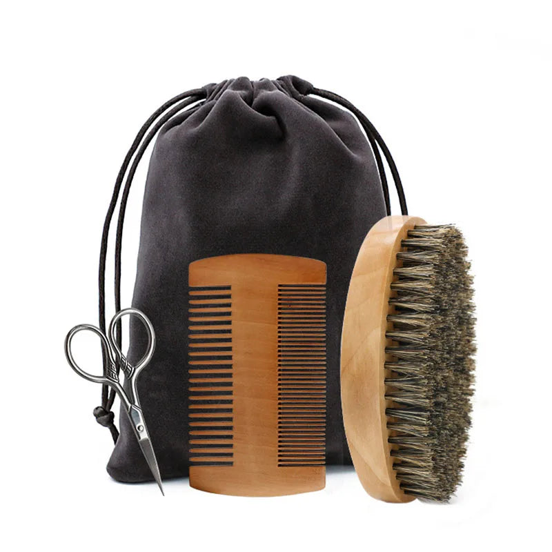 Boar Bristle Beard Brush & Mustache Comb Set Wood Handle Grooming Kit with Bag